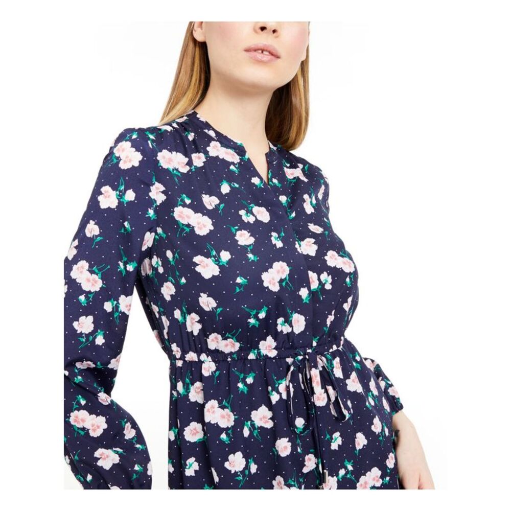 MAISON JULES Womens Navy Floral Long Sleeve V Neck Short Sheath Dress Size: XXS - Picture 3 of 4